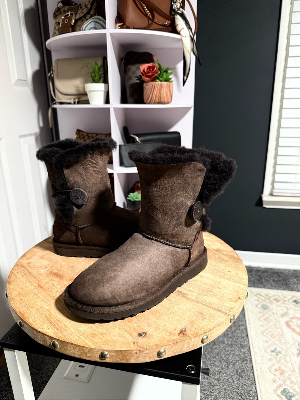 UGG Chestnut Brown Suede Button-Detail Shearling Boots
